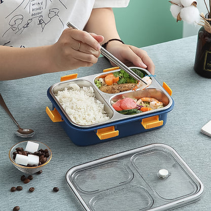 Wukusy 3-compartment transparent stainless steel lunch box with spoon and chopsticks, ideal for home and kitchen use.