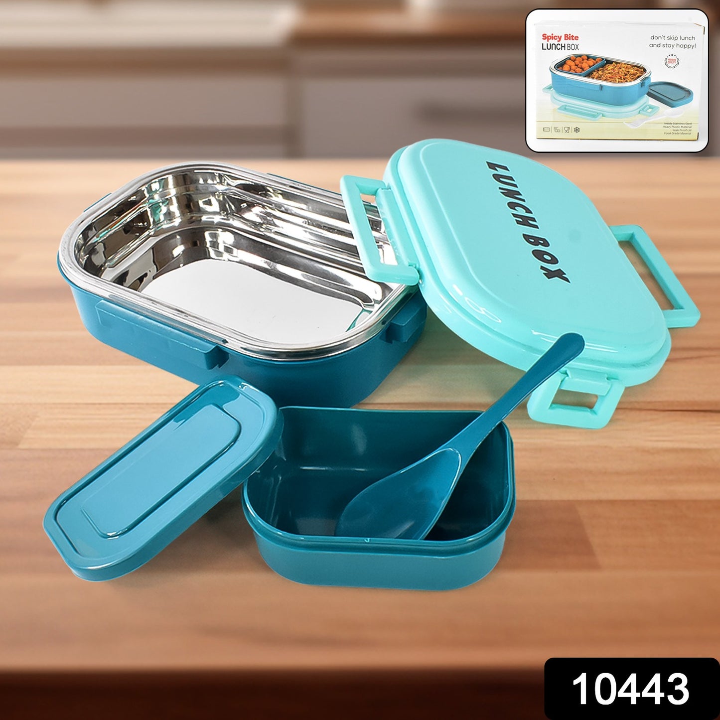 Wukusy 3-in-1 Spicy Bite stainless steel lunch box with plastic small box and spoon, ideal for home and kitchen use