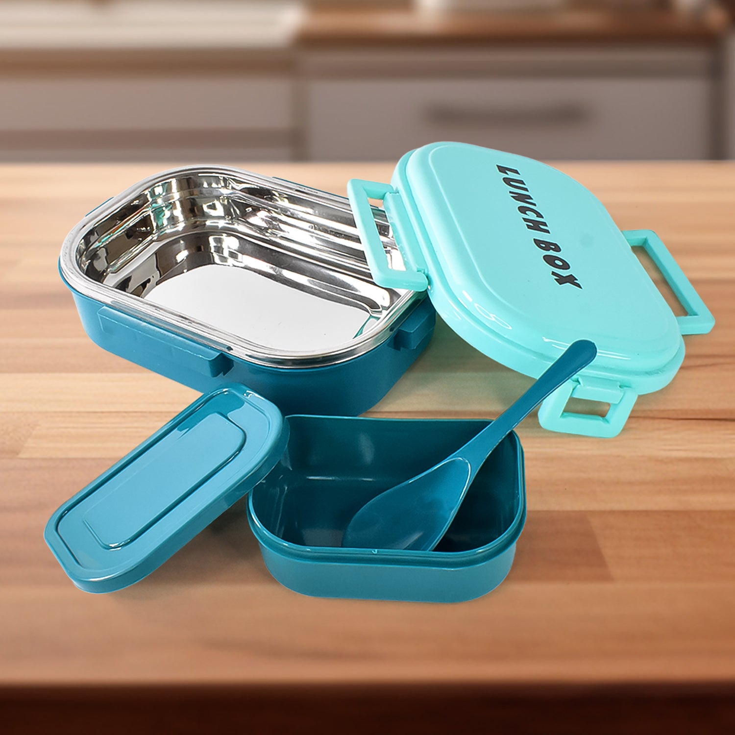 Wukusy 3-in-1 Spicy Bite stainless steel lunch box with plastic small box and spoon, ideal for home and kitchen use.