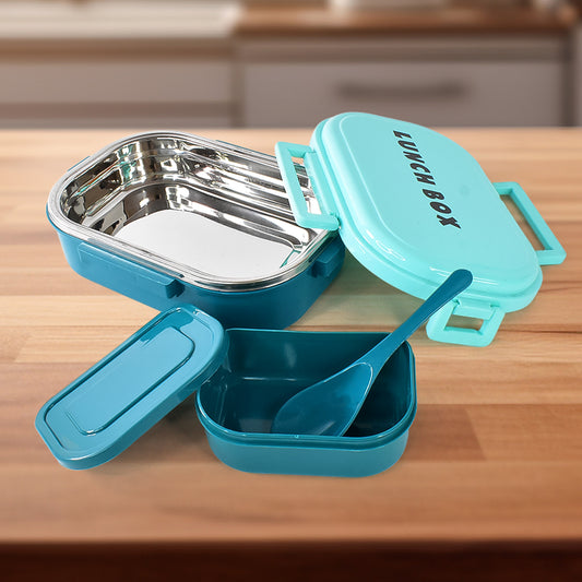Wukusy 3-in-1 Spicy Bite stainless steel lunch box with plastic small box and spoon, ideal for home and kitchen use.