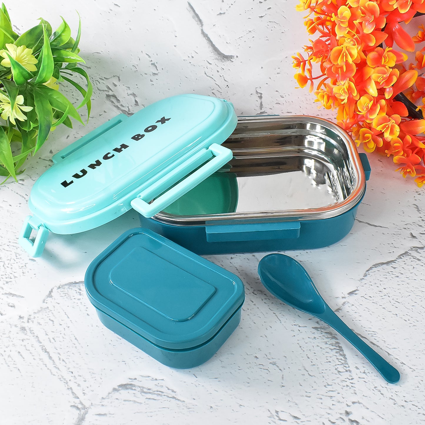 Wukusy 3-in-1 Spicy Bite stainless steel lunch box set with plastic small box and spoon, ideal for home and kitchen use.