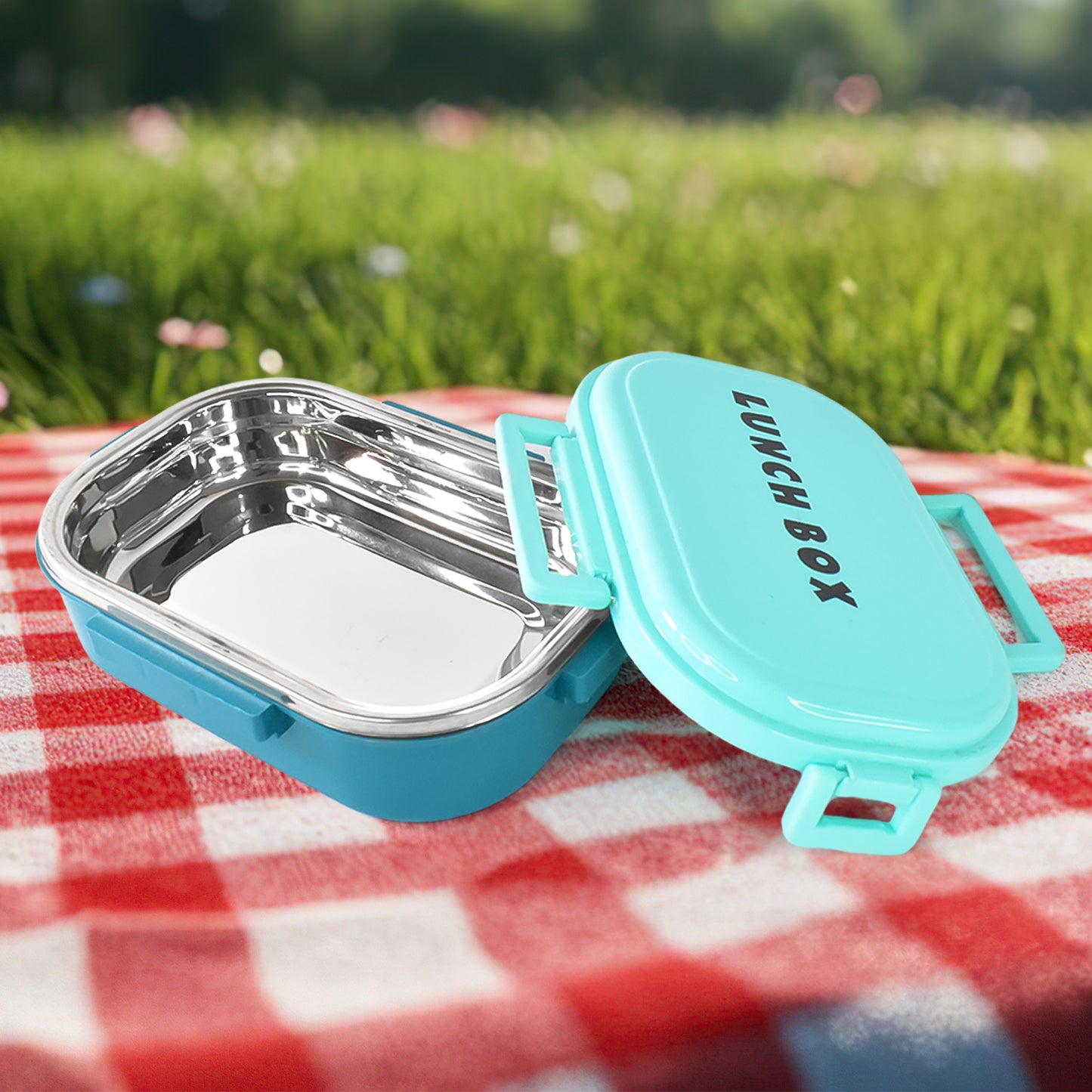 Wukusy 3-in-1 spicy bite stainless steel lunch box with plastic small box and spoon, ideal for home and kitchen use.
