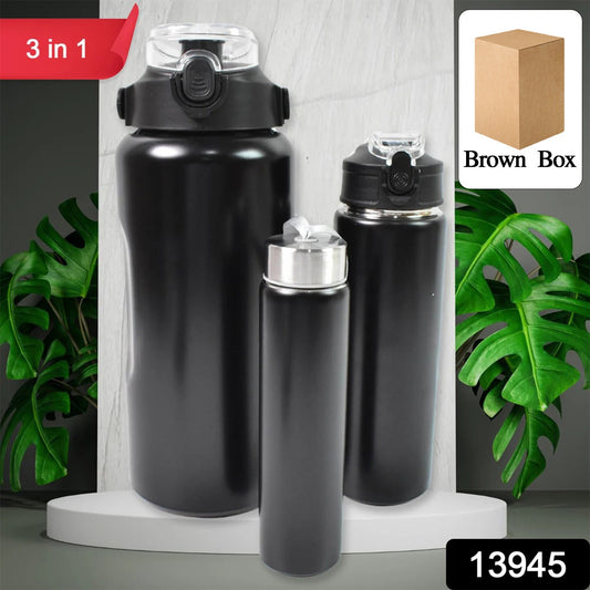 Set of three Wukusy stainless steel insulated water bottles with double-wall vacuum insulation in different sizes for home and kitchen use.