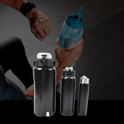 Set of three Wukusy stainless steel insulated water bottles with double-wall vacuum insulation in different sizes for home and kitchen use.