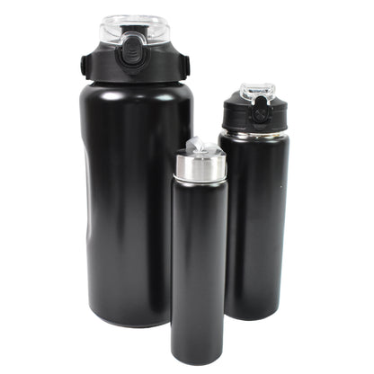 Set of three Wukusy stainless steel insulated water bottles in different sizes with double-wall vacuum design for hot and cold drinks.