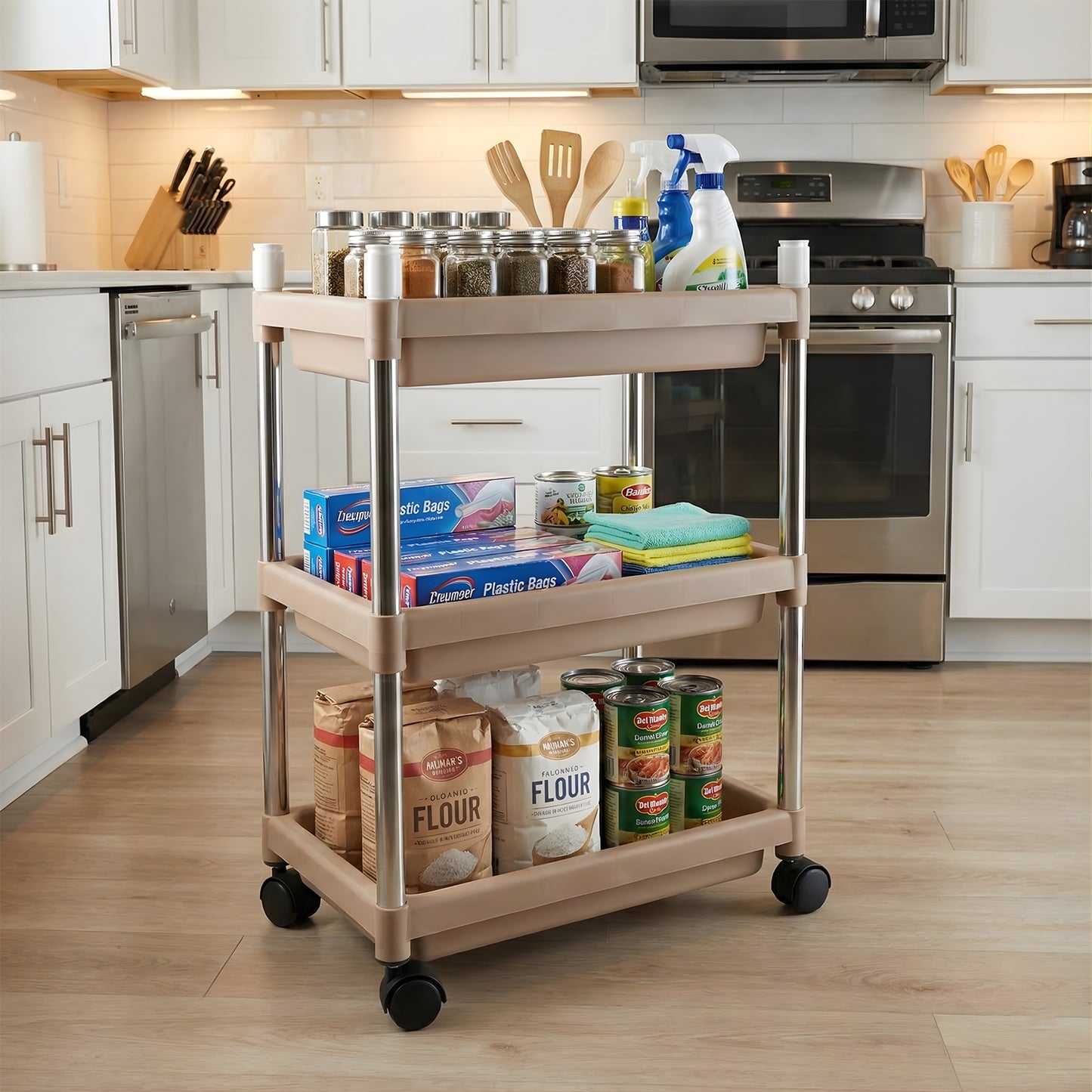 Wukusy 3-layer multipurpose storage trolley with wheels, ideal for home and kitchen organization and storage solutions.