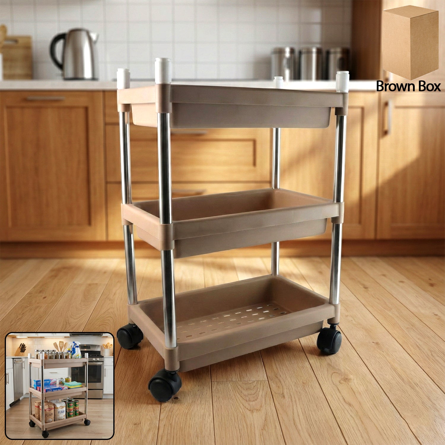 Wukusy 3-layer multipurpose storage trolley with wheels, ideal for home and kitchen organization, featuring multiple shelves.