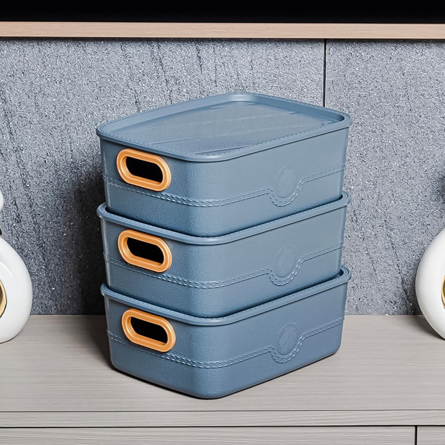 Wukusy 3-piece plastic storage basket set with handles for home organization, featuring durable and versatile bins for kitchen and storage needs.