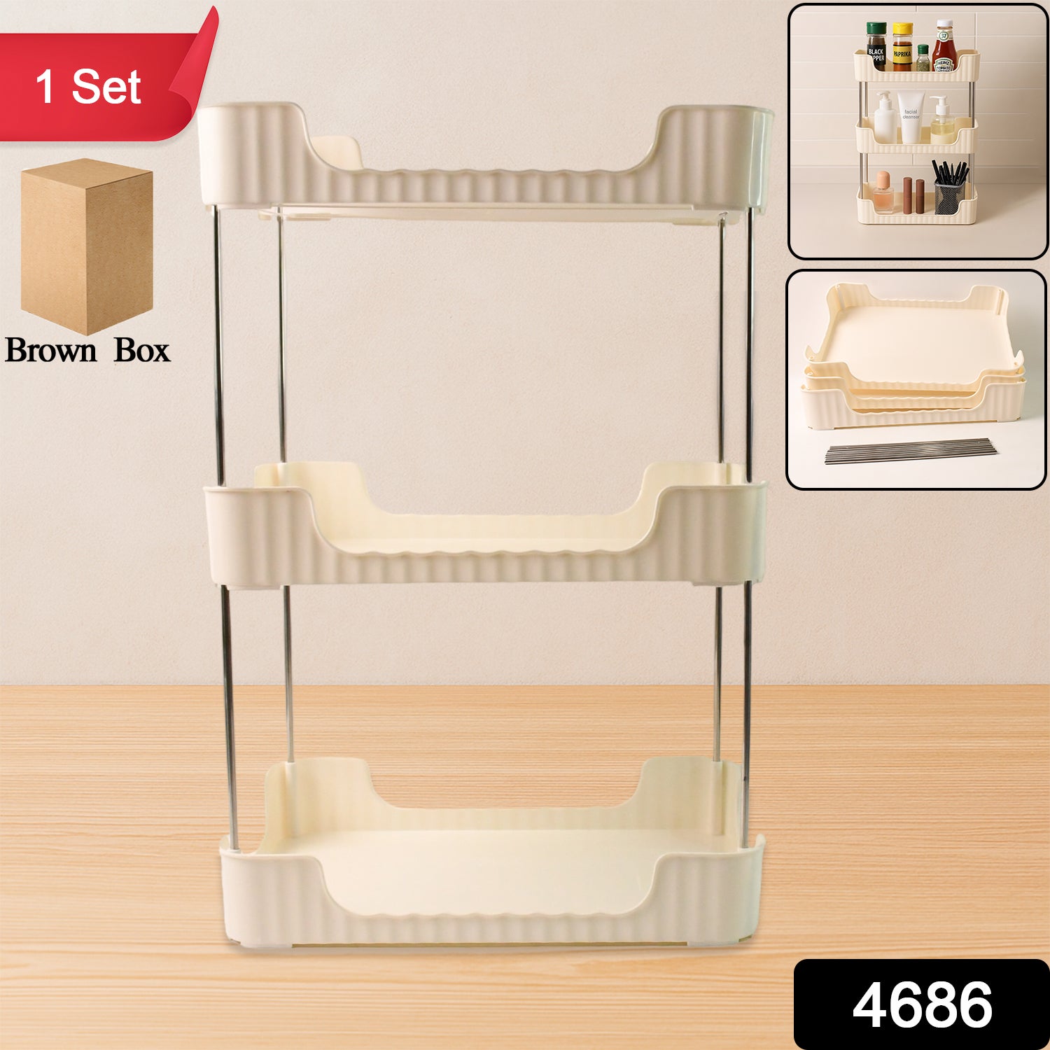 Wukusy 3-tier multipurpose storage organizer rack shelf for home and kitchen use, featuring three spacious shelves for organization.