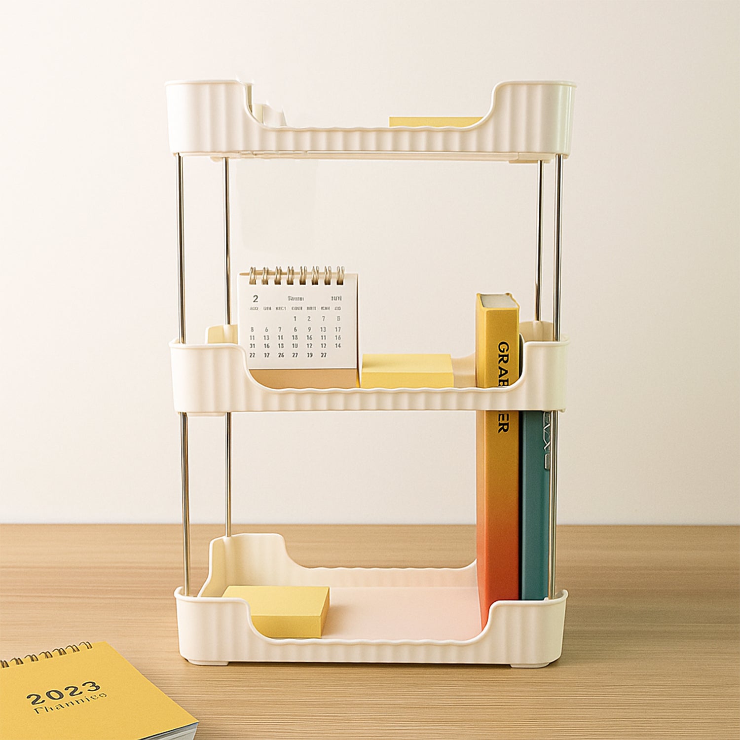 Wukusy 3-tier multipurpose storage organizer rack shelf for home and kitchen use, with multiple compartments for organization.
