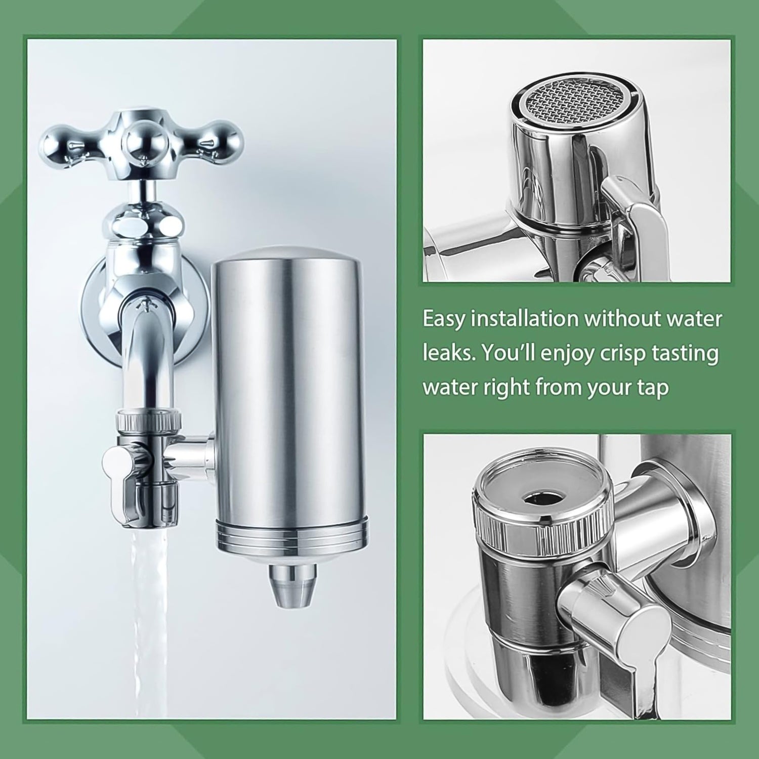 Wukusy 304 stainless steel faucet-mounted water filter and purifier set for clean, fresh drinking water at home.