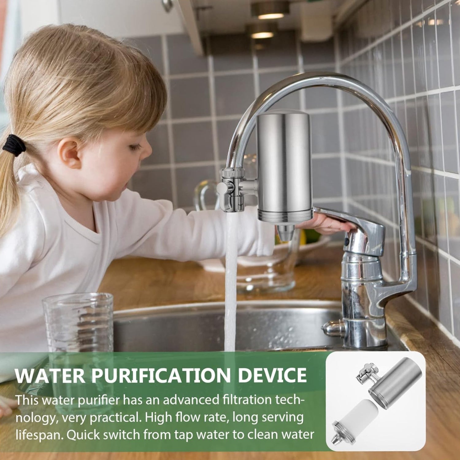 Wukusy 304 stainless steel faucet mount water filter and purifier set for home kitchen use, attached to a kitchen sink faucet.