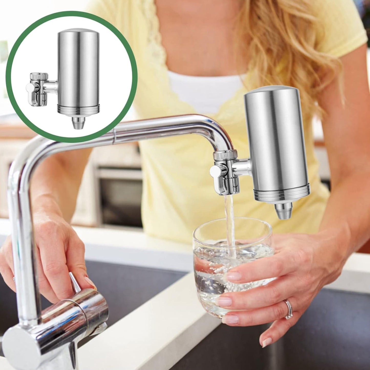 Wukusy 304 stainless steel faucet mount water filter and purifier installed on kitchen sink faucet for clean drinking water