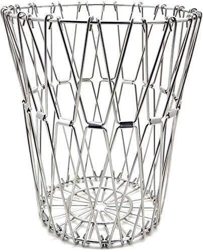 Stainless steel wire fruit basket by Wukusy, foldable multipurpose bowl for vegetables and fruits in a home kitchen setting.
