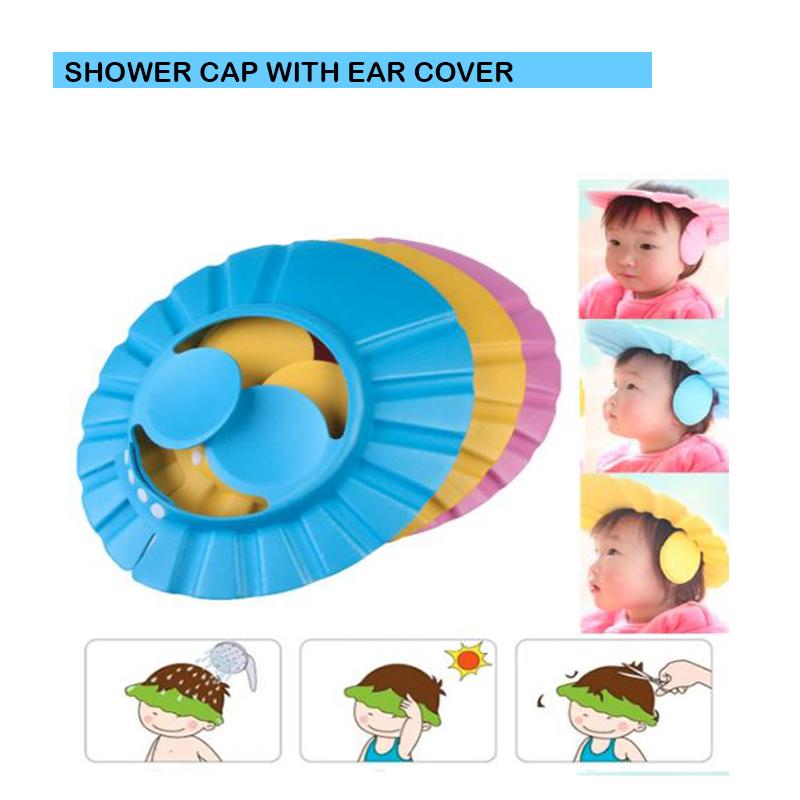 Adjustable Wukusy Safe Soft Baby Shower Cap shown in soft blue with adjustable strap for gentle hair washing.