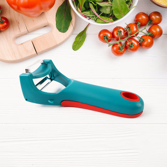 Wukusy 4-in-1 multi-functional vegetable and fruit peeler, kitchen tool with multiple peeling options, in a compact design.