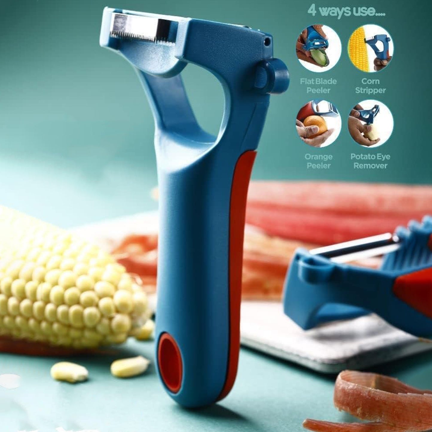 Wukusy 4-in-1 multi-functional vegetable and fruit peeler for peeling, julienning, and zesting in the kitchen.