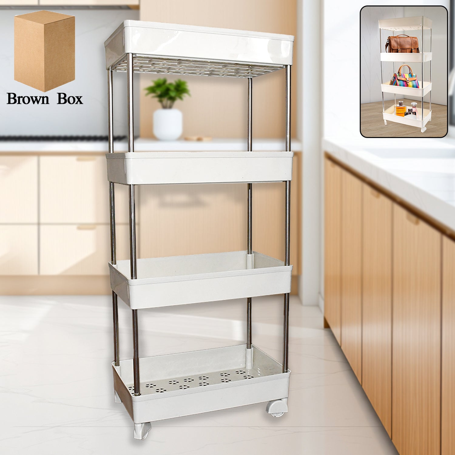 Wukusy 4-layer kitchen rack for organizing and storing kitchen items, with multiple shelves for versatile use in home kitchen spaces.