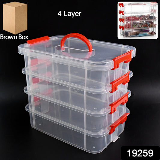 Wukusy 4-layer transparent plastic storage box for home and kitchen organization, with multiple compartments for versatile storage.