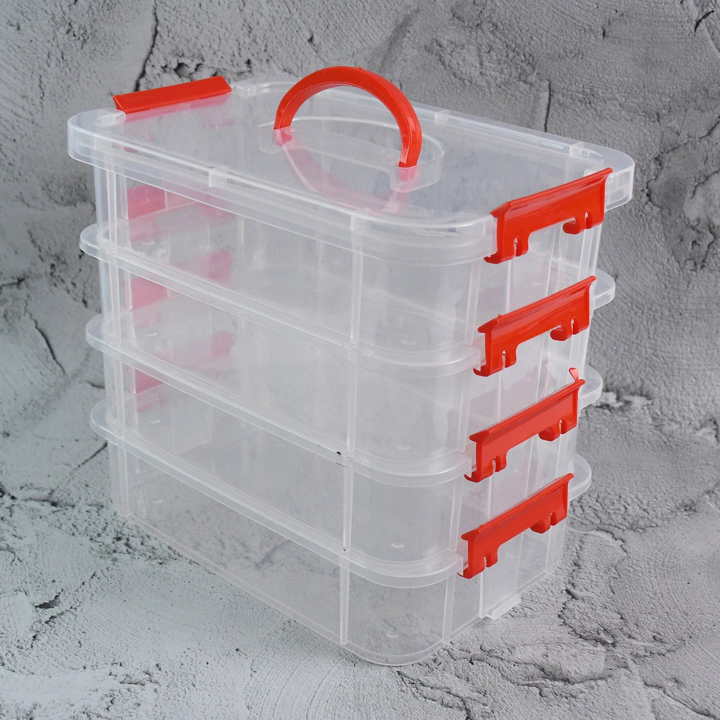 Wukusy 4-layer transparent plastic storage box for home and kitchen organization, with multiple compartments for versatile use.