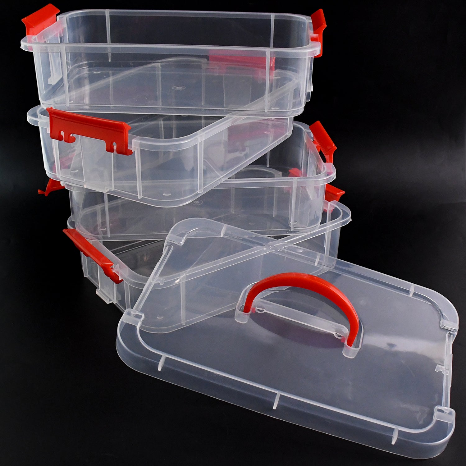 Wukusy 4-layer transparent plastic storage box for home and kitchen organization with multiple compartments.