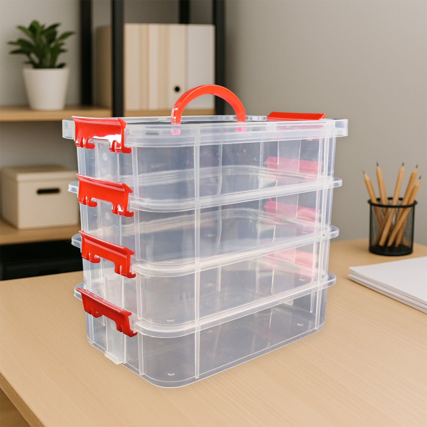 Wukusy 4-layer transparent plastic storage box for home and kitchen organization, showing multiple stacked compartments for versatile storage.