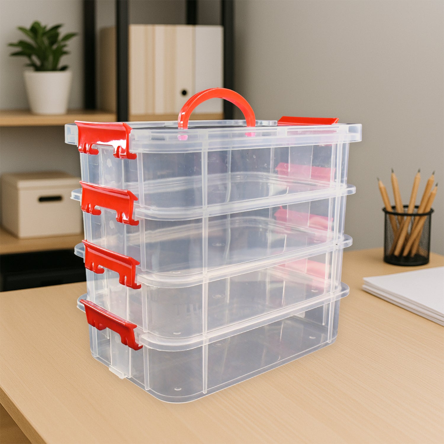 Wukusy 4-layer transparent plastic storage box for home and kitchen organization, showing multiple stacked compartments for versatile storage.