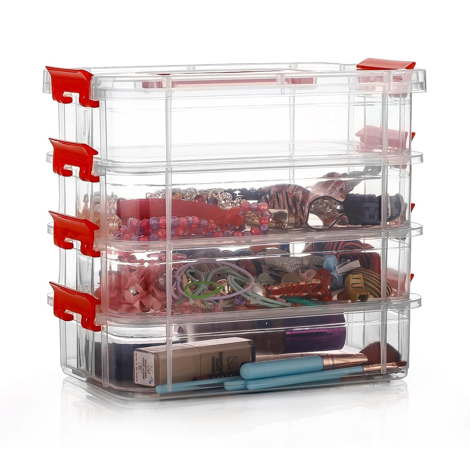 Wukusy 4-layer transparent plastic storage box for home and kitchen organization with multiple compartments.