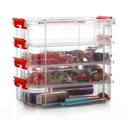 Wukusy 4-layer transparent plastic storage box for home and kitchen organization with multiple compartments.