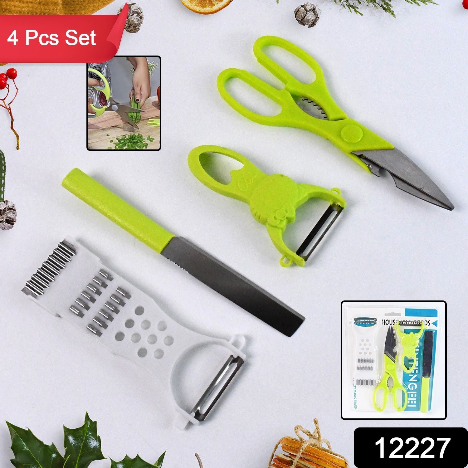 Wukusy 4-piece kitchen cutting set includes scissors, peeler, grater, slicer, and knife for versatile home cooking tasks.