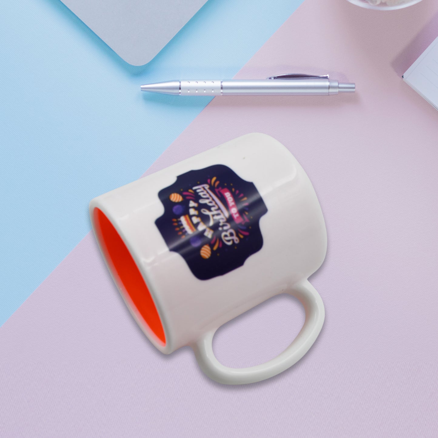 Wukusy 4121 Mix Design color coffee mug with spoon and box packaging, ideal for drinking coffee and beverages at home or office.