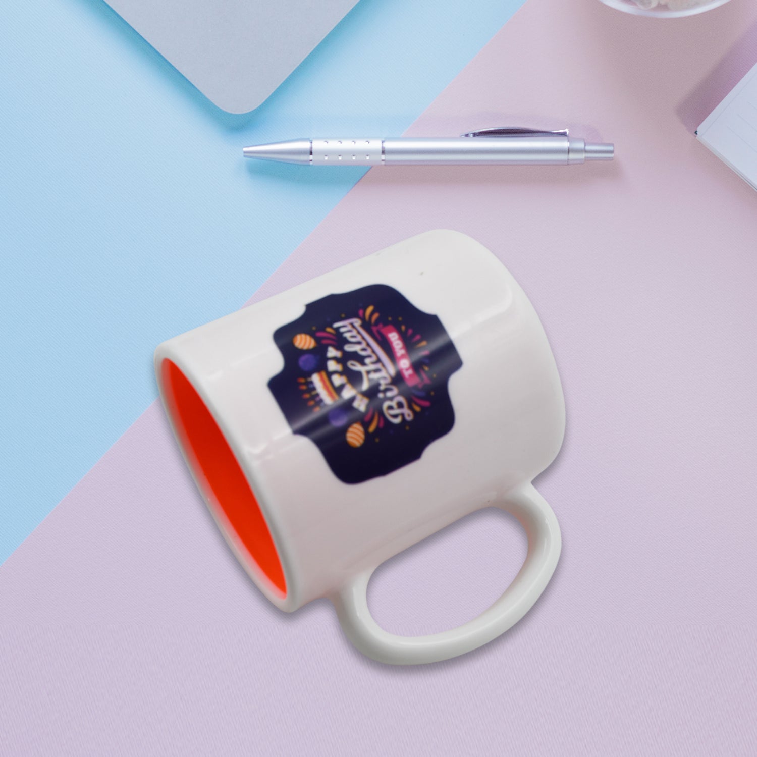 Wukusy 4121 Mix Design color coffee mug with spoon and box packaging, ideal for drinking coffee and beverages at home or office.