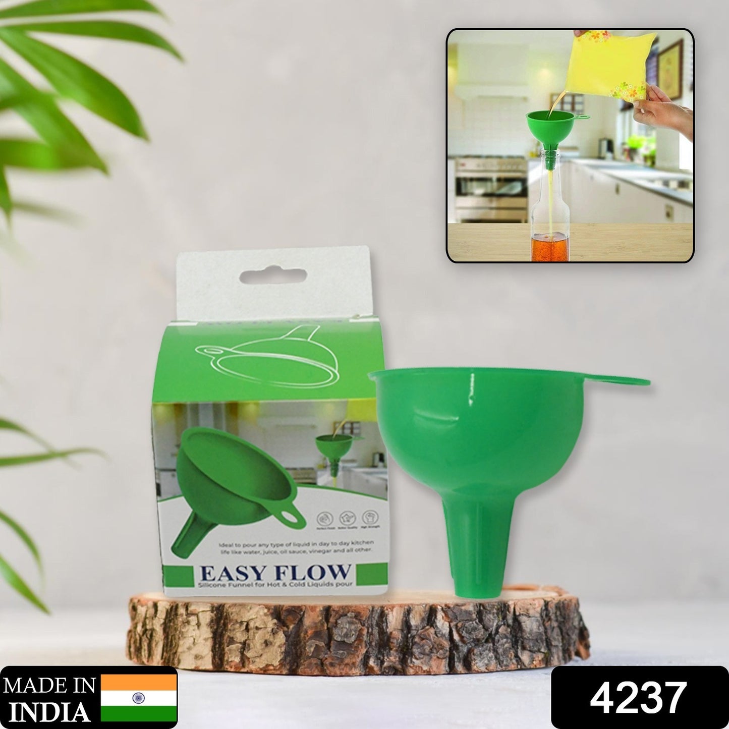 Green Wukusy silicone funnel for pouring oil, sauce, water, juice, and small food grains in home and kitchen use.