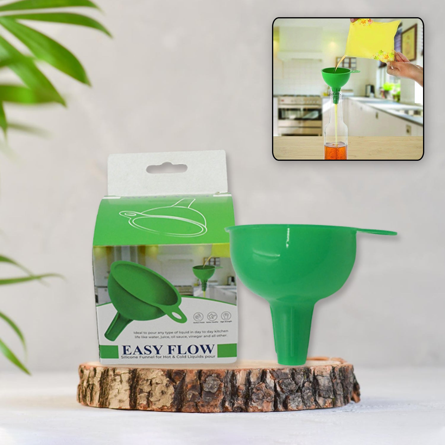 Green Wukusy silicone funnel for pouring oil, sauce, water, juice, and small food grains, made from food-grade silicone.