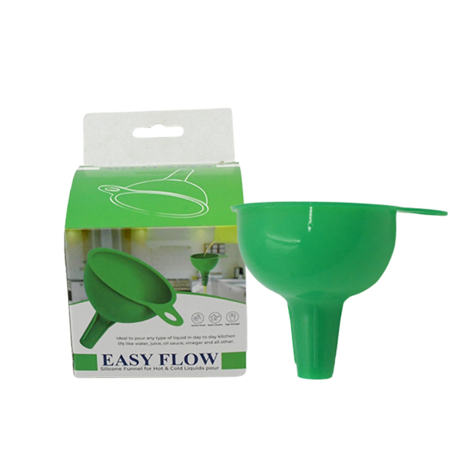 Green Wukusy silicone funnel for pouring oil, sauce, water, juice, and small food grains in home kitchen use.