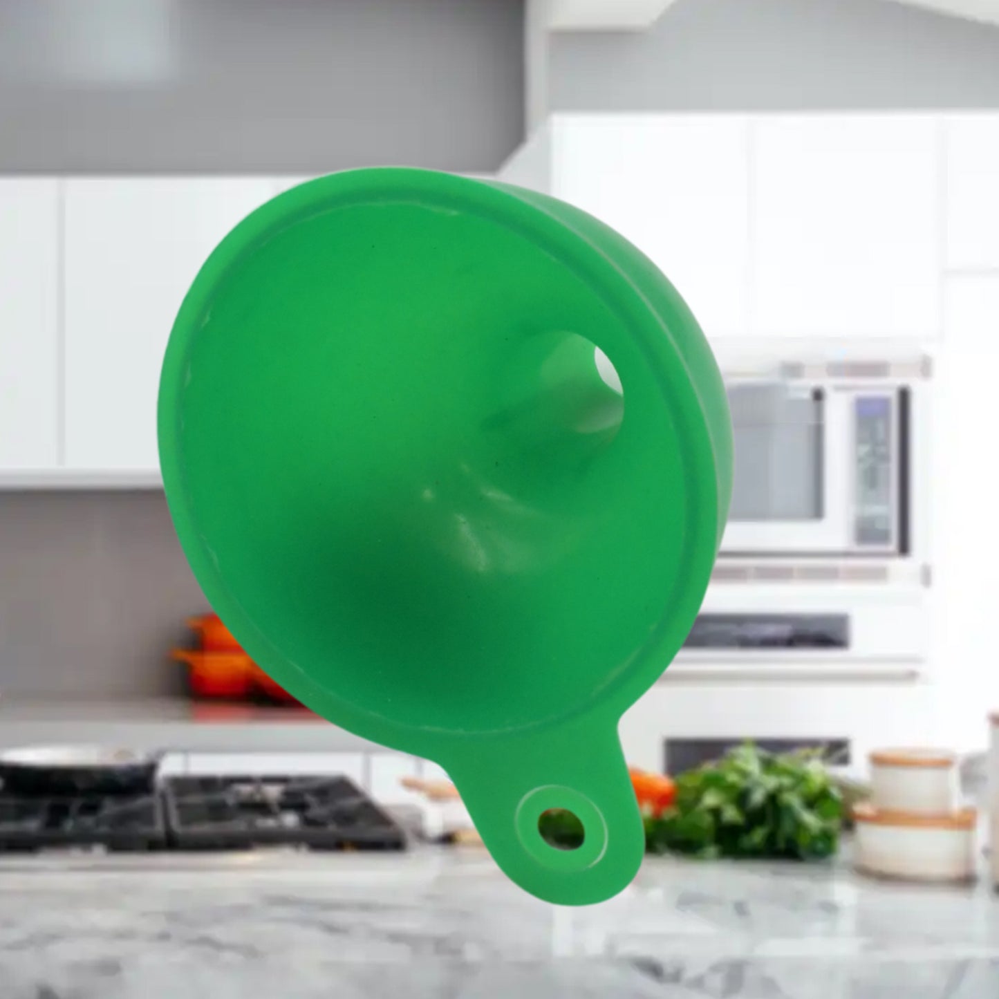 Green Wukusy silicone funnel for pouring oil, sauce, water, juice, and small food grains in home and kitchen use.