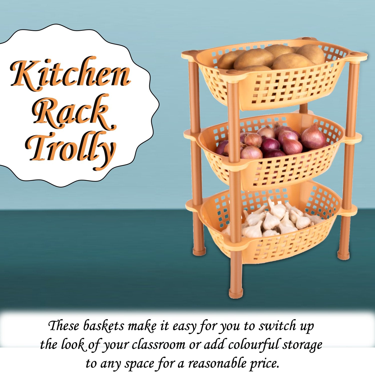 Three Wukusy multipurpose plastic storage racks organizer for home and kitchen use, shown stacked on a countertop.