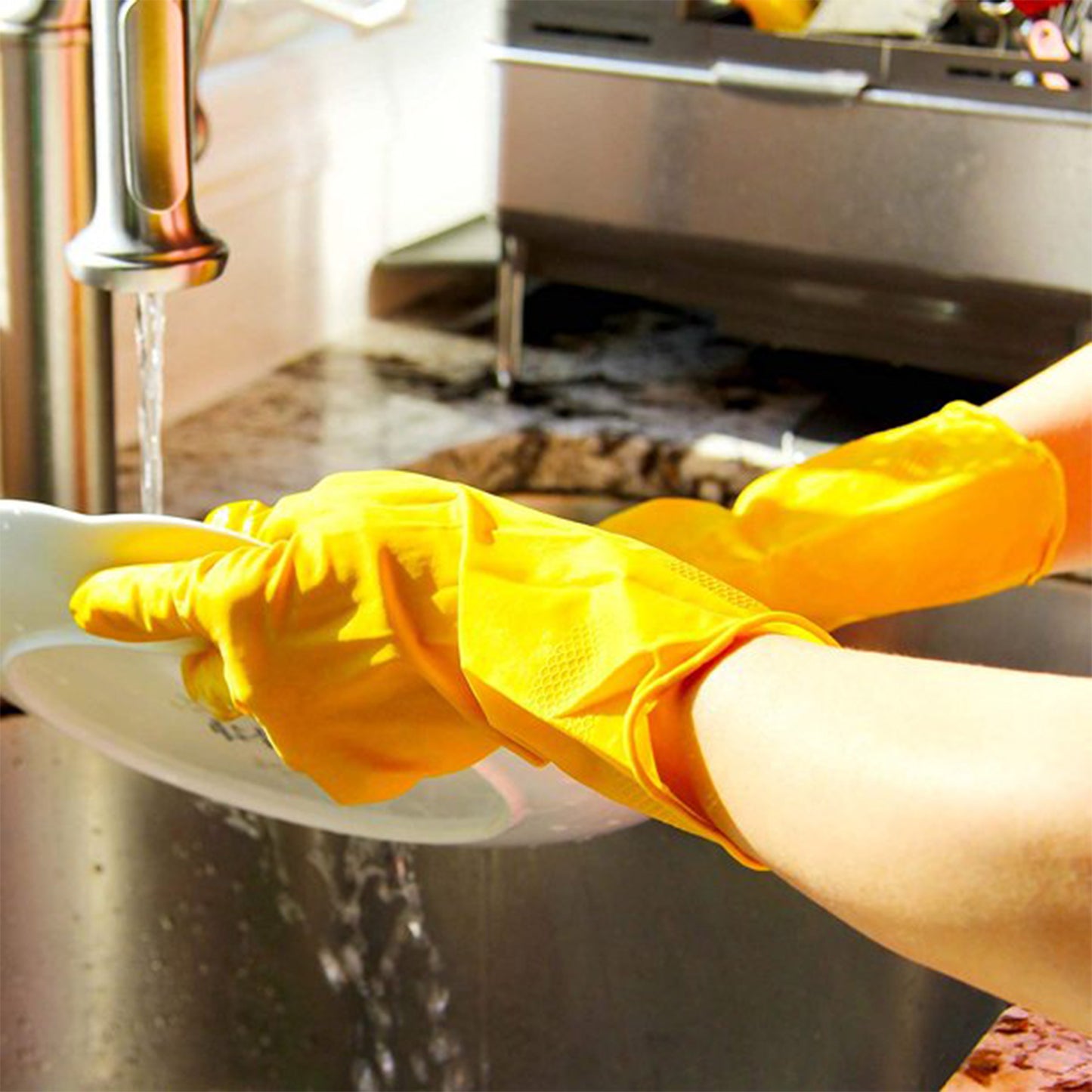 Pair of yellow home and kitchen gloves from Wukusy, suitable for washing, gardening, and cleaning tasks.