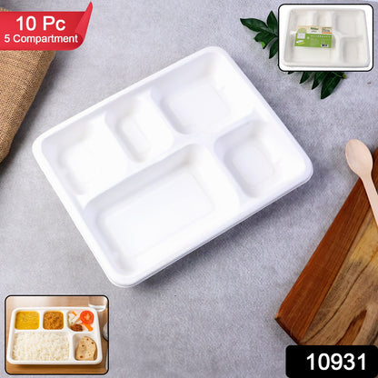 Set of 10 compostable Wukusy 5-compartment rectangle lunch plates made from bagasse for home and kitchen use.