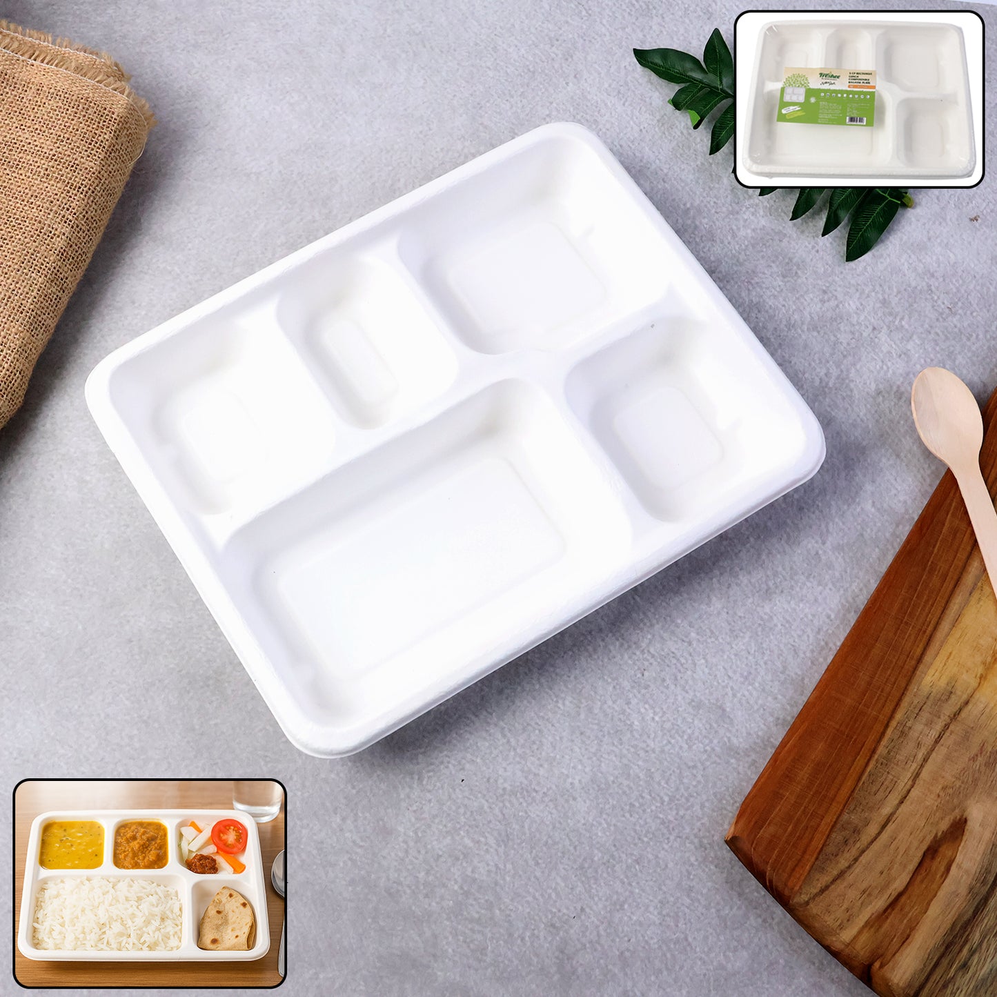 Set of 10 Wukusy 5-compartment rectangle compostable bagasse lunch plates for home and kitchen use, eco-friendly and durable.