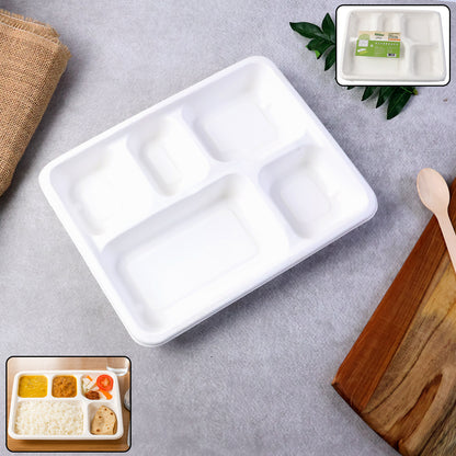 Set of 10 Wukusy 5-compartment rectangle compostable bagasse lunch plates for home and kitchen use, eco-friendly and durable.