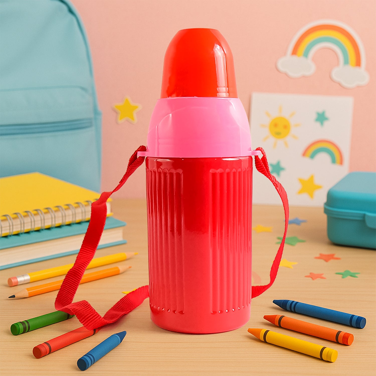 Wukusy 500ml kids insulated plastic water bottle with colorful design and leak-proof lid, suitable for children’s hydration.