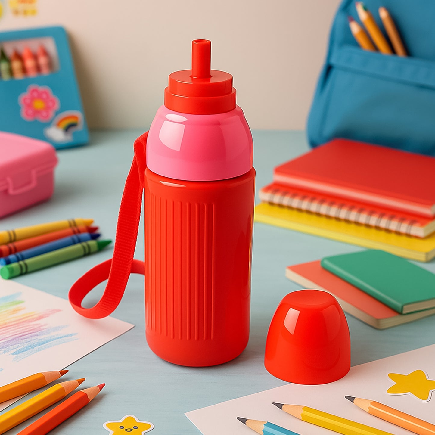 Wukusy 500ml kids insulated plastic water bottle with colorful design, suitable for school and outdoor activities.