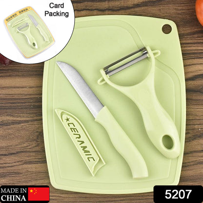 Green plastic kitchen peeler and stainless steel 3-piece knife set by Wukusy for home and kitchen use.