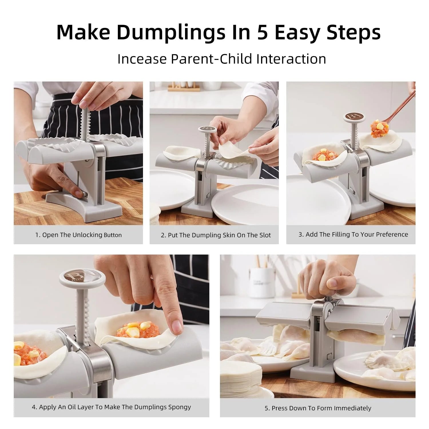 Wukusy 5300b double-head dumpling maker mold for household use, brown box, easy tool for making two dumplings at once.
