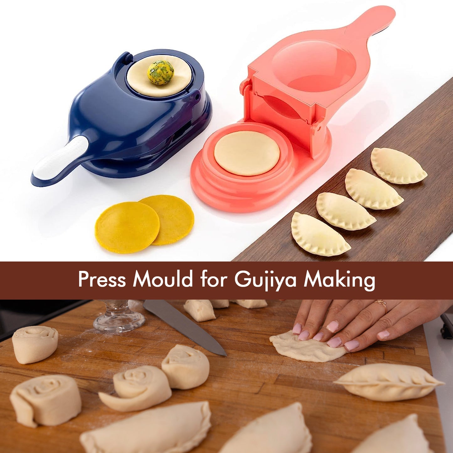 Wukusy 5302 dumpling press mould for Gujiya, Ghughra, and Momos, 2-in-1 dumpling maker machine for home kitchen use.