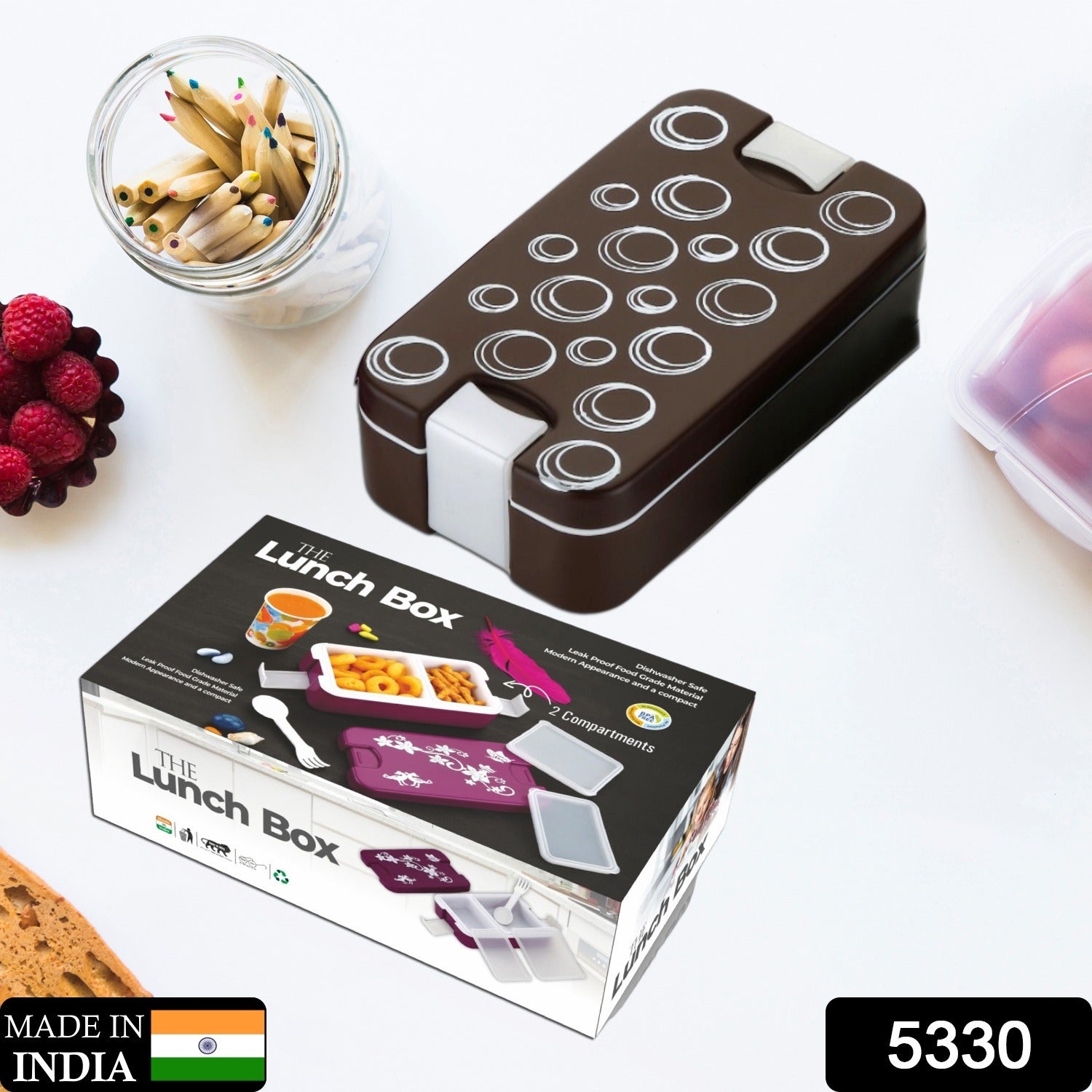 Wukusy 5330 airtight lunch box with two compartments, leak-proof, food-grade material, modern design, compact with spoon included.