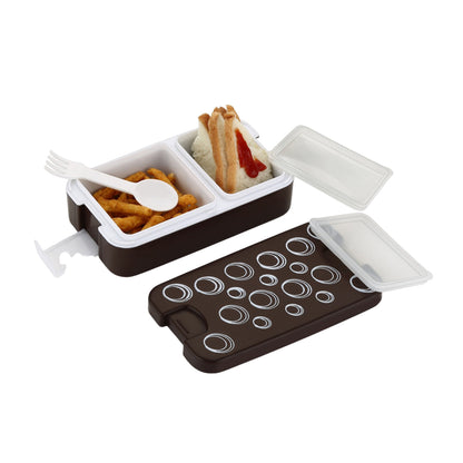 Wukusy 5330 airtight lunch box with two compartments, leak-proof food-grade material, modern design, compact with a spoon included.