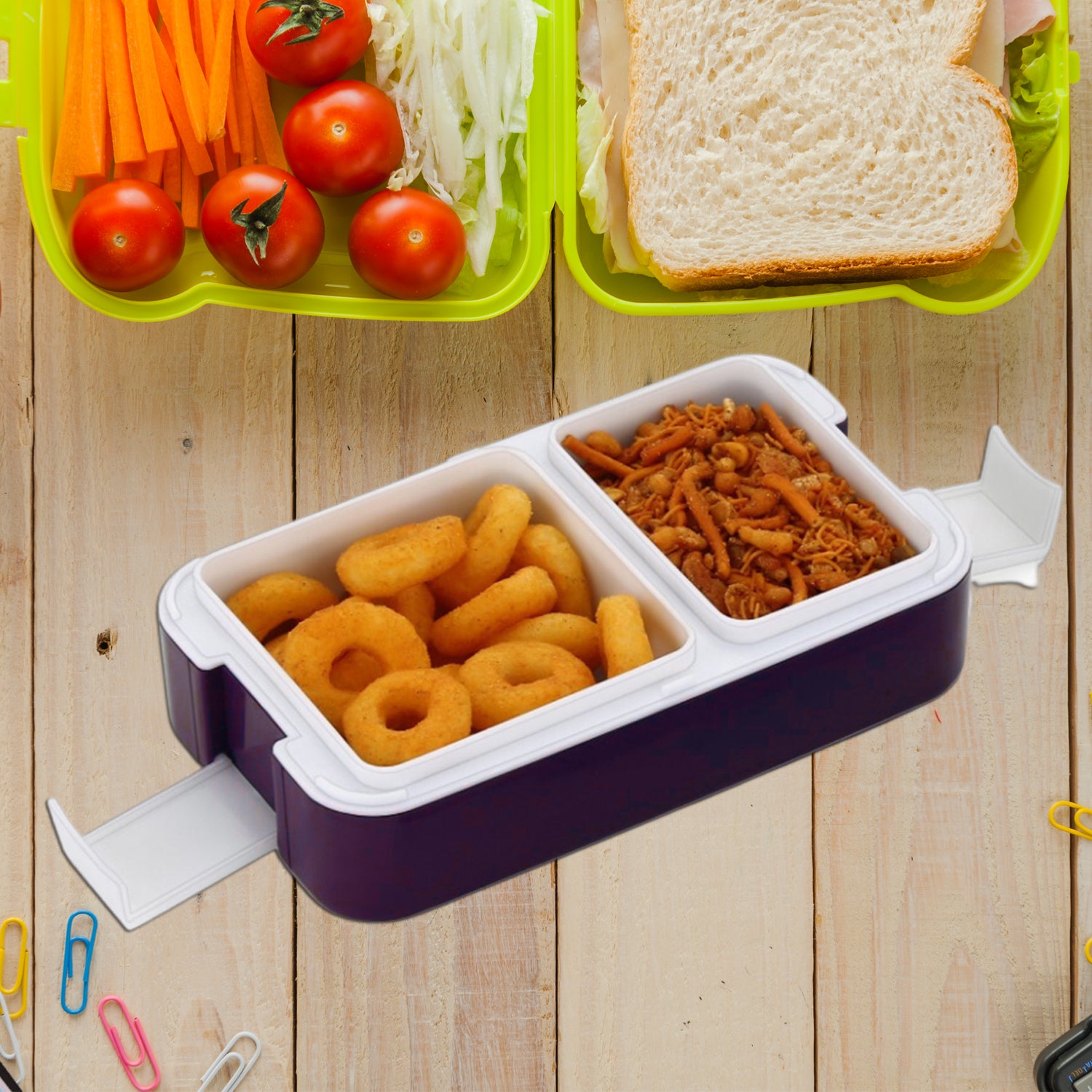 Wukusy 5332 airtight lunch box with two compartments, leak-proof design, food-grade material, modern appearance, includes spoon.