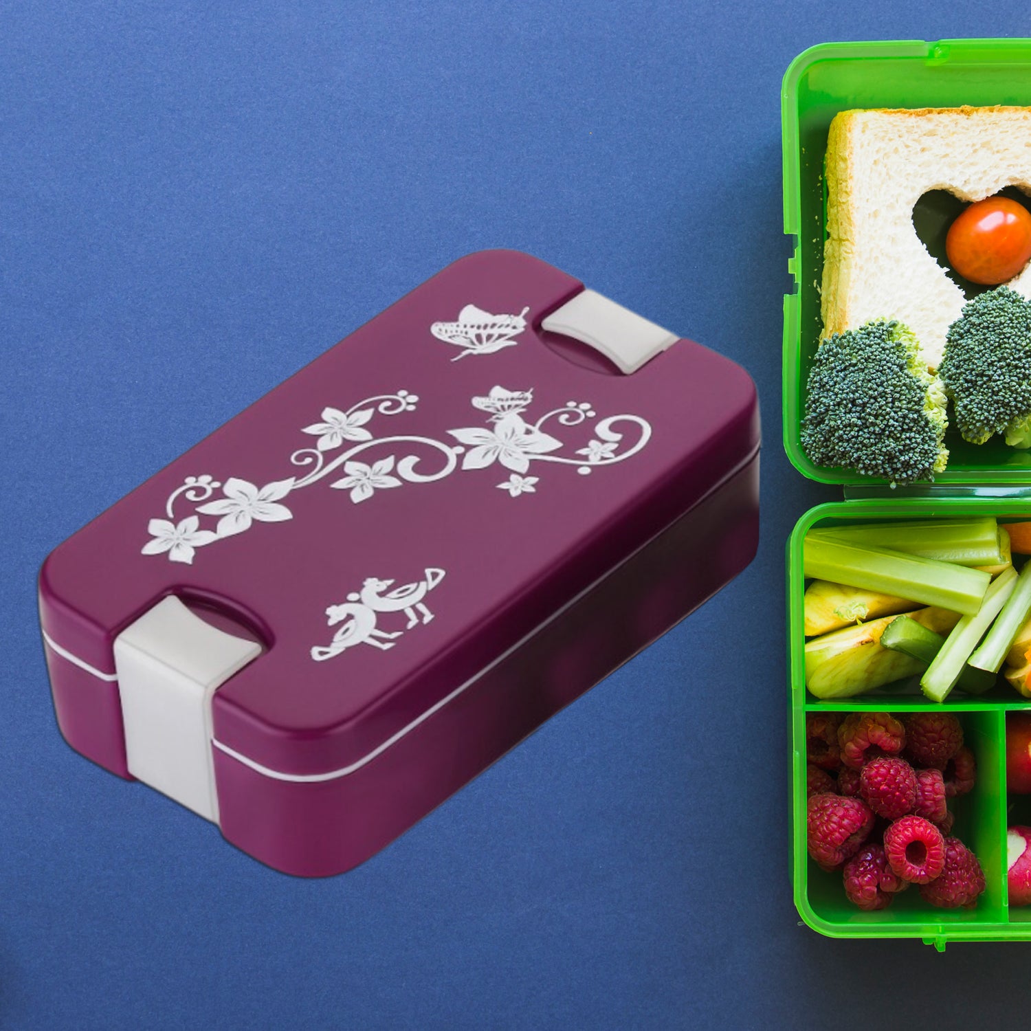 Wukusy 5332 airtight lunch box with two compartments, leak-proof, food-grade material, modern design, compact with spoon included.